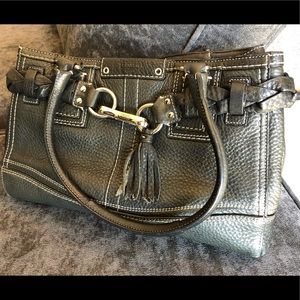 Black Pebbled Leather Coach Satchel; Hampton-Style, Braid, Tassel & Silver Trim
